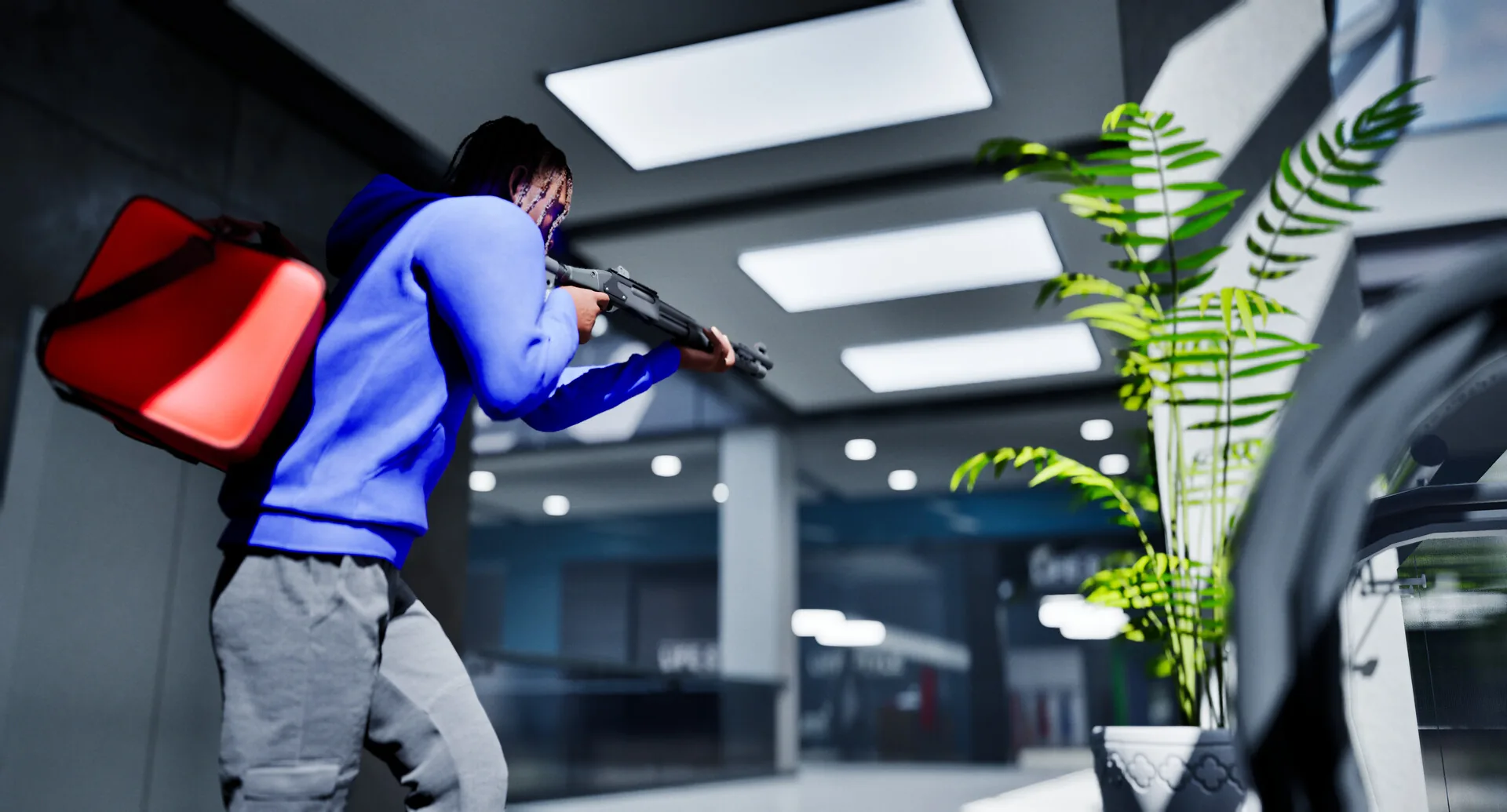 Blue-hooded character carrying a red bag while holding a firearm indoors