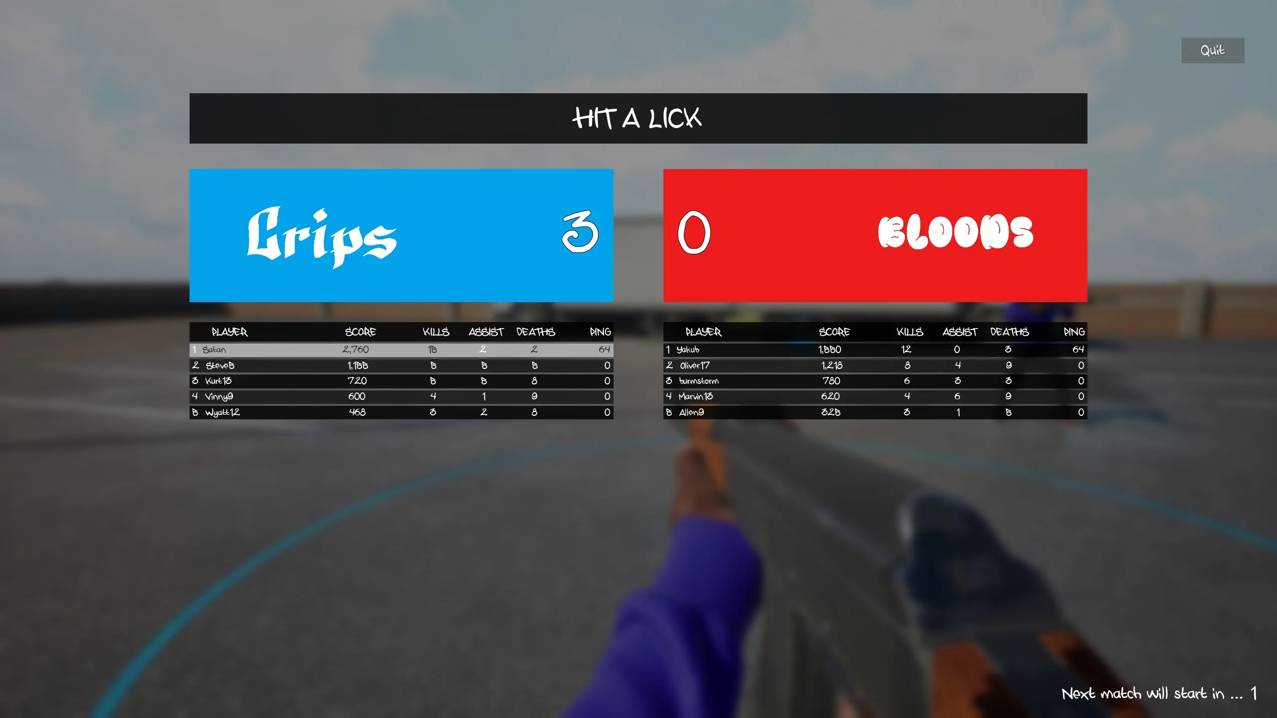 Hit A Lick result screen with two team participant lists, score, kills, assists, deaths and ping