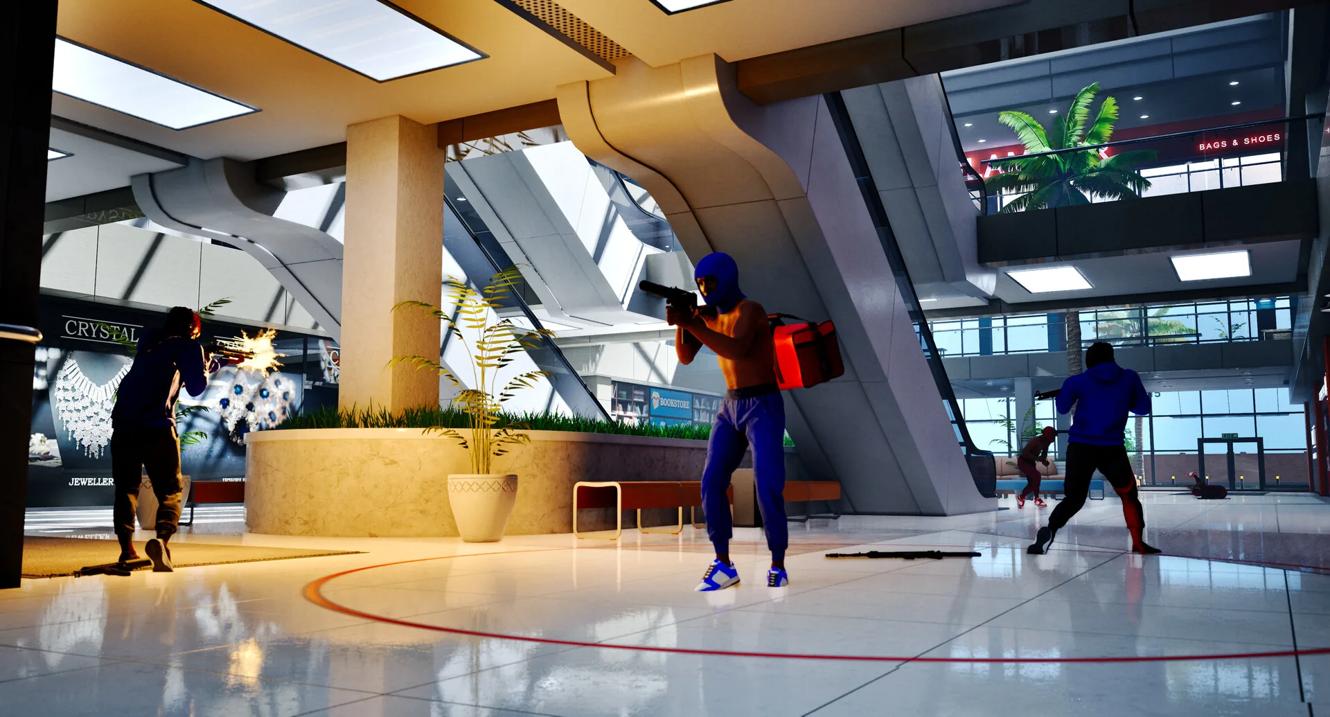 Character carrying a red bag amid several armed characters in a shopping interior