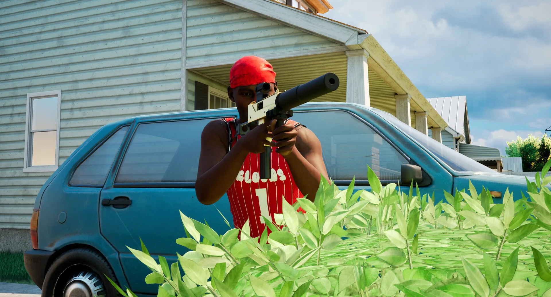 Red-clad character aiming a firearm with a long cylindrical muzzle attachment.