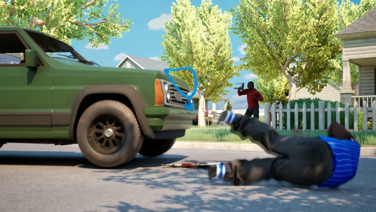 Blue chain-shaped outline and downward arrow beside a fallen blue-clad character near a green vehicle