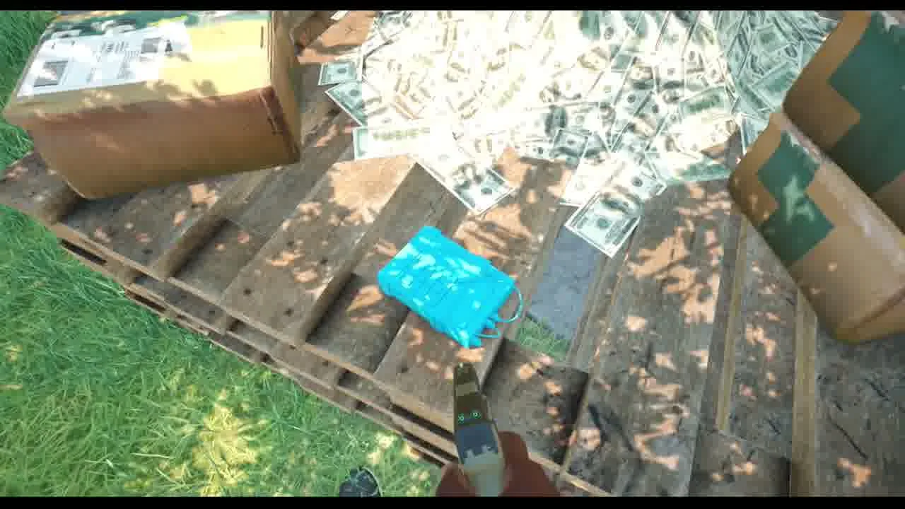 Blue-highlighted wired device on a wooden pallet beside loose cash and cardboard boxes